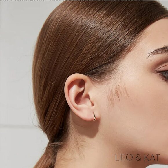 Dainty Minimalist Gold Huggie Earrings. 925 Sterling Silver. #1019 - Picture 2 of 4